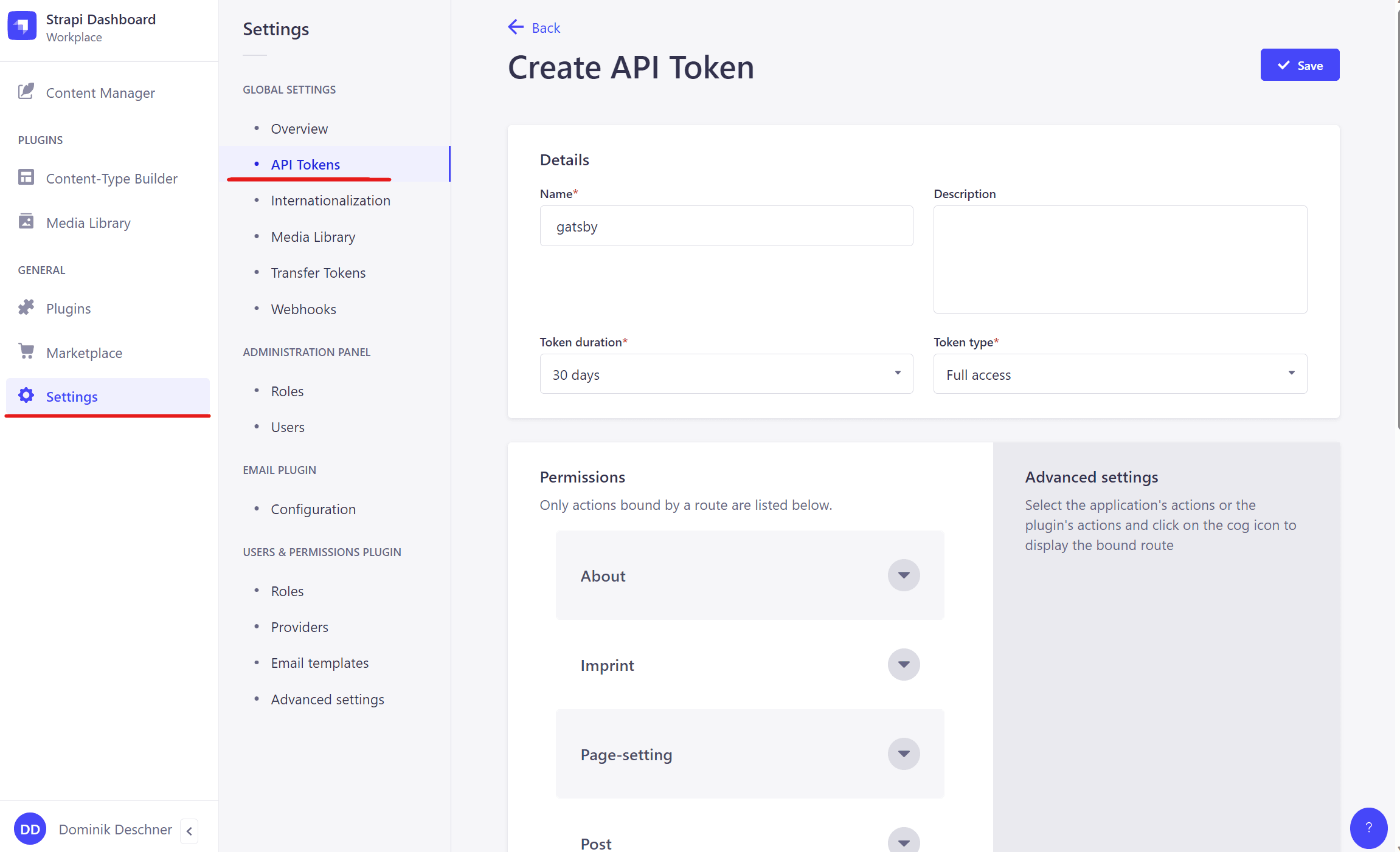 Create API Token in Strapi for use with Gatsby